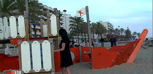  Cute young girl peeing her panties on a public beach